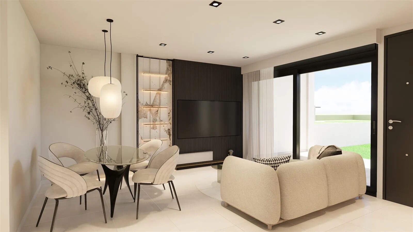 Wohnzimmer mit Sofa und Essbereich