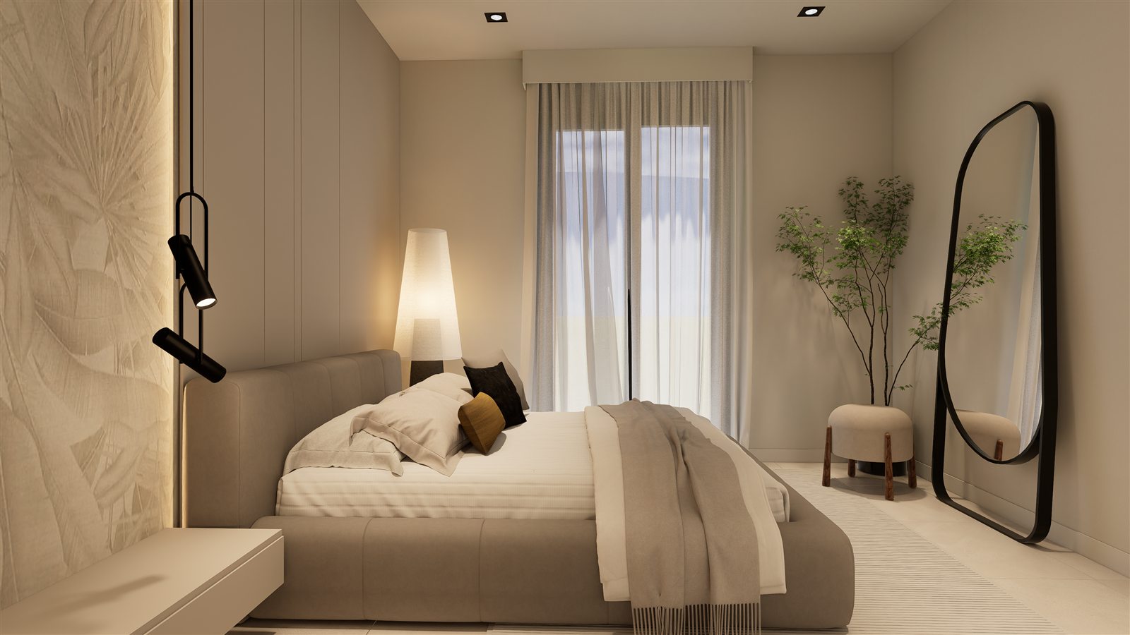 Schlafzimmer mit Doppelbett und Standspiegel