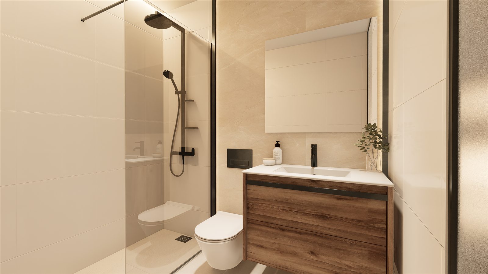 Badezimmer mit Holz-Waschtisch und ebenerdiger Dusche
