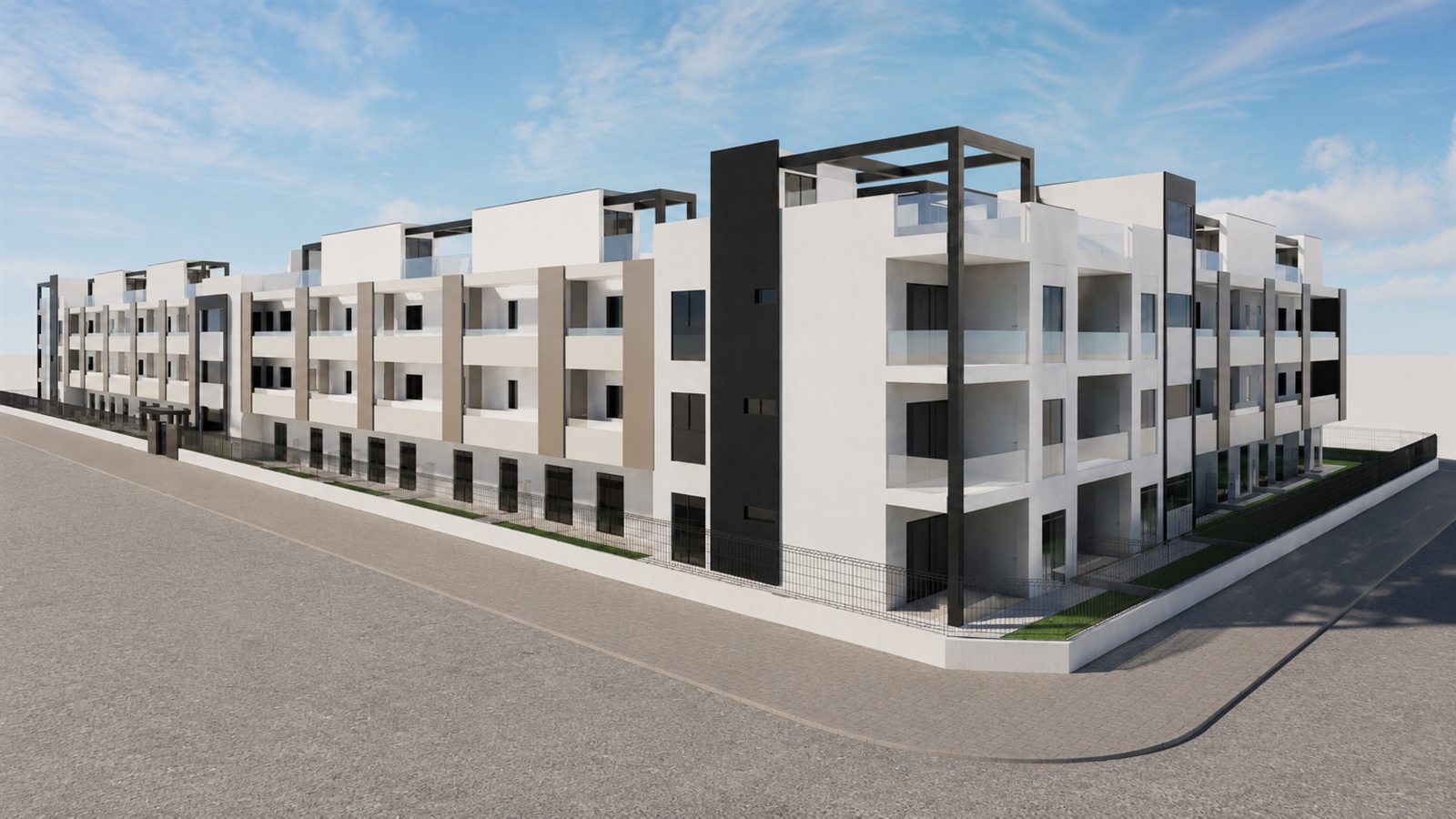 Moderne weiße Fassade der Wohnanlage Thiar Village VI