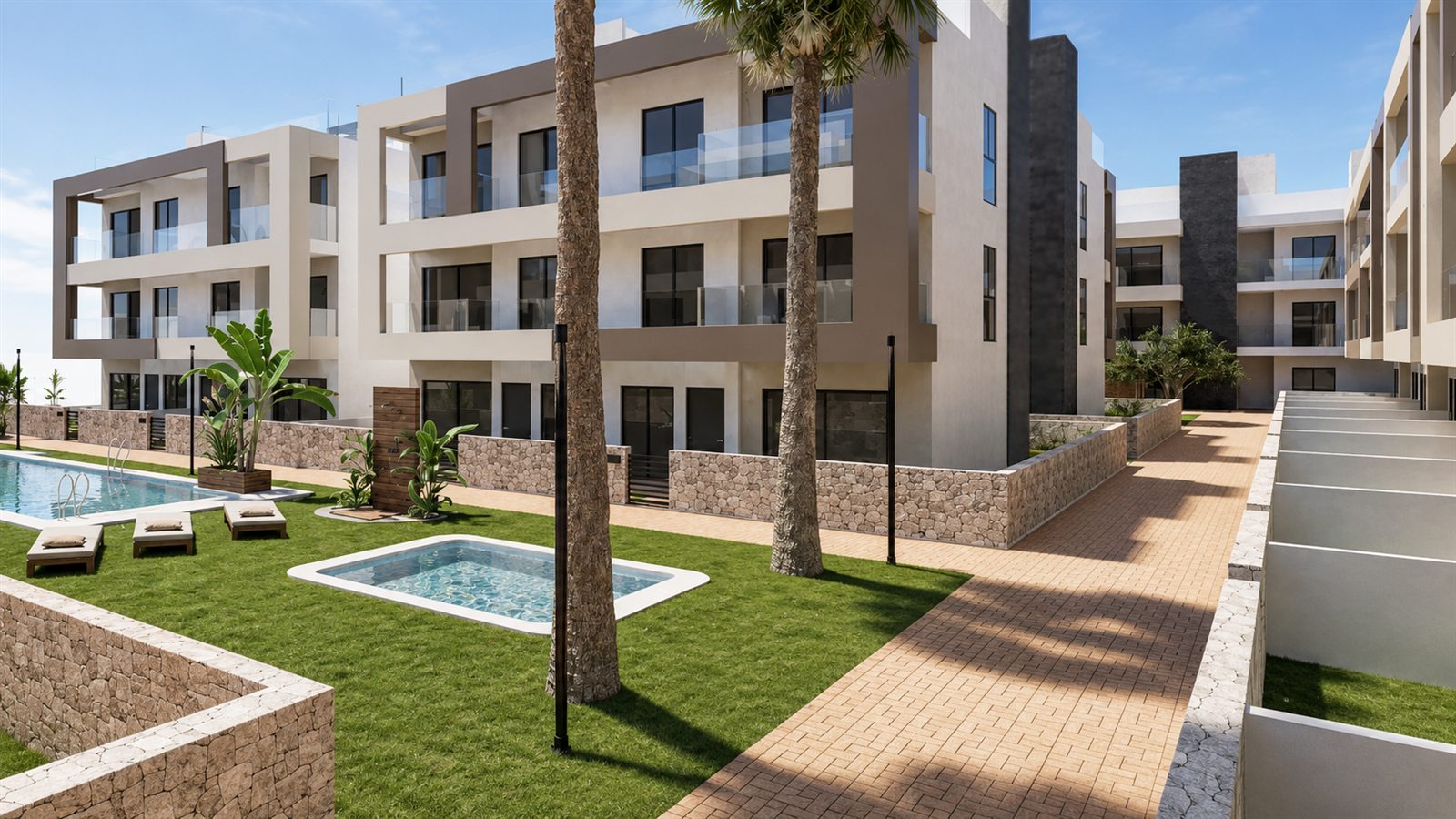 Apartments mit privaten Terrassen und Kinderpool im Garten