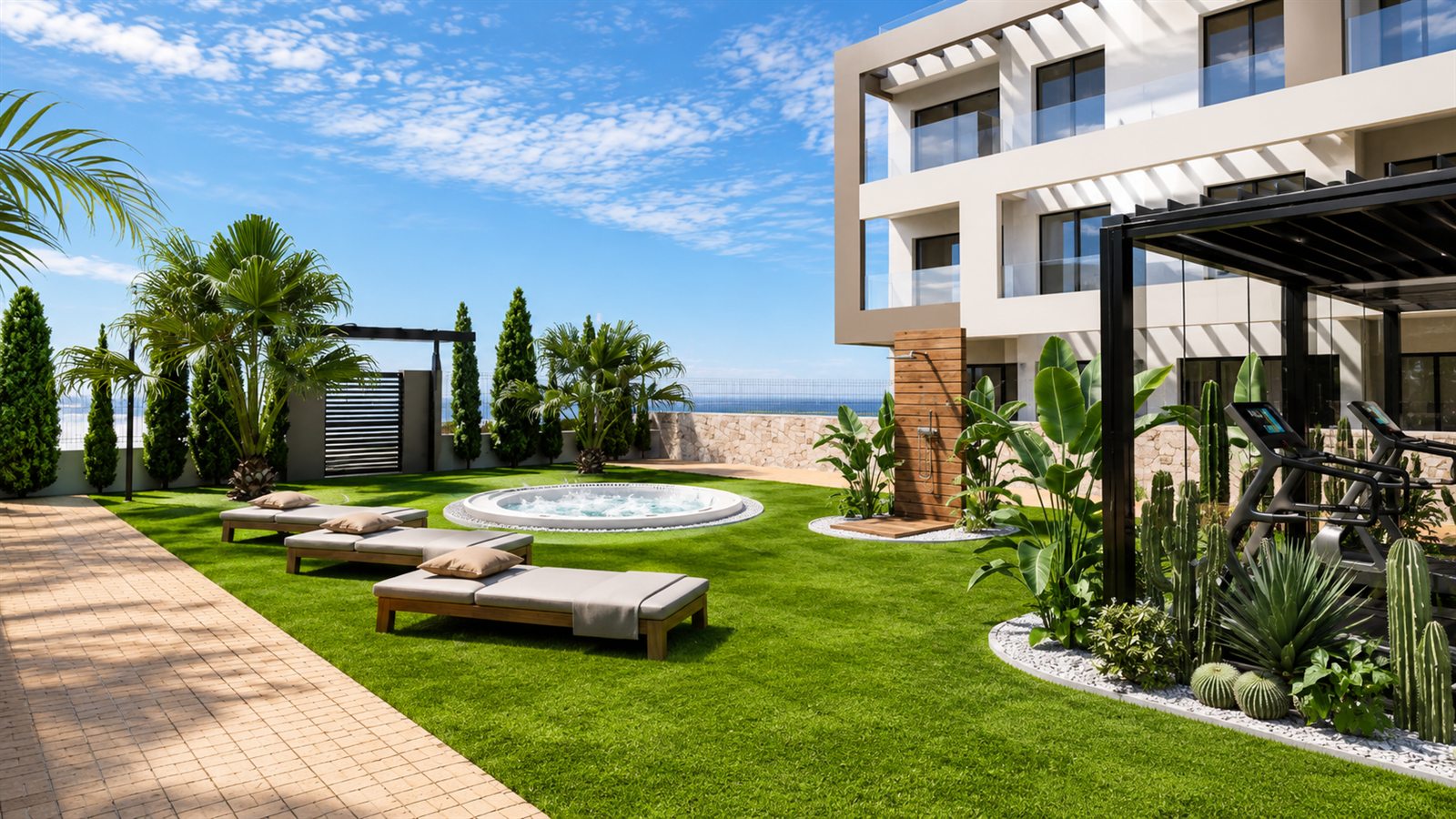 Wellness-Garten mit Whirlpool und Sonnenliegen vor Meerblick
