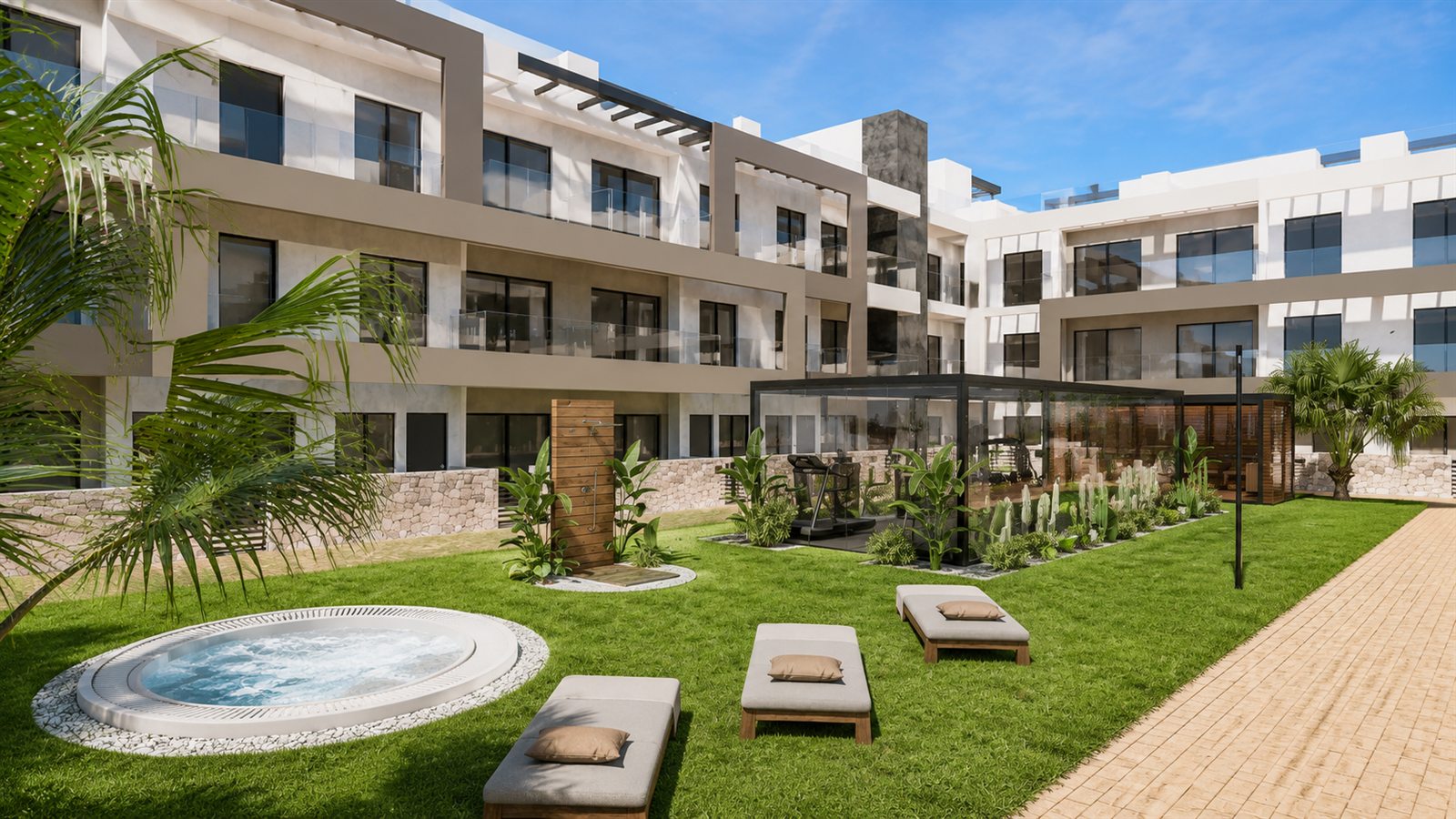 Poolanlage mit Sonnenliegen und Gartenwegen