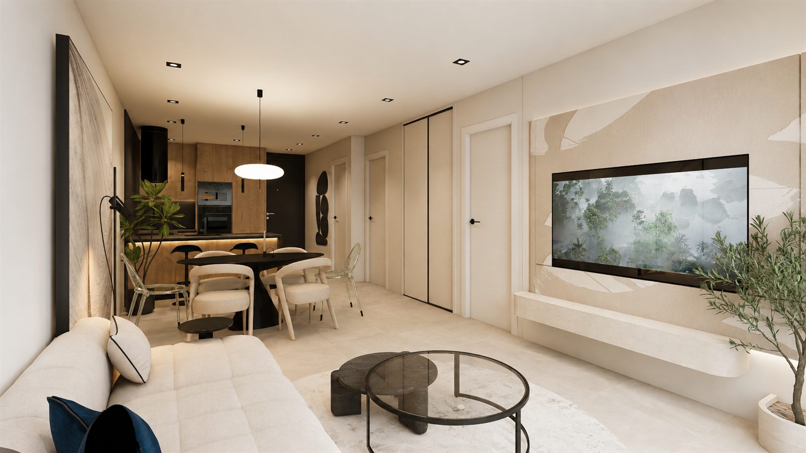 Wohnzimmer mit weißem Sofa und offenem Essbereich