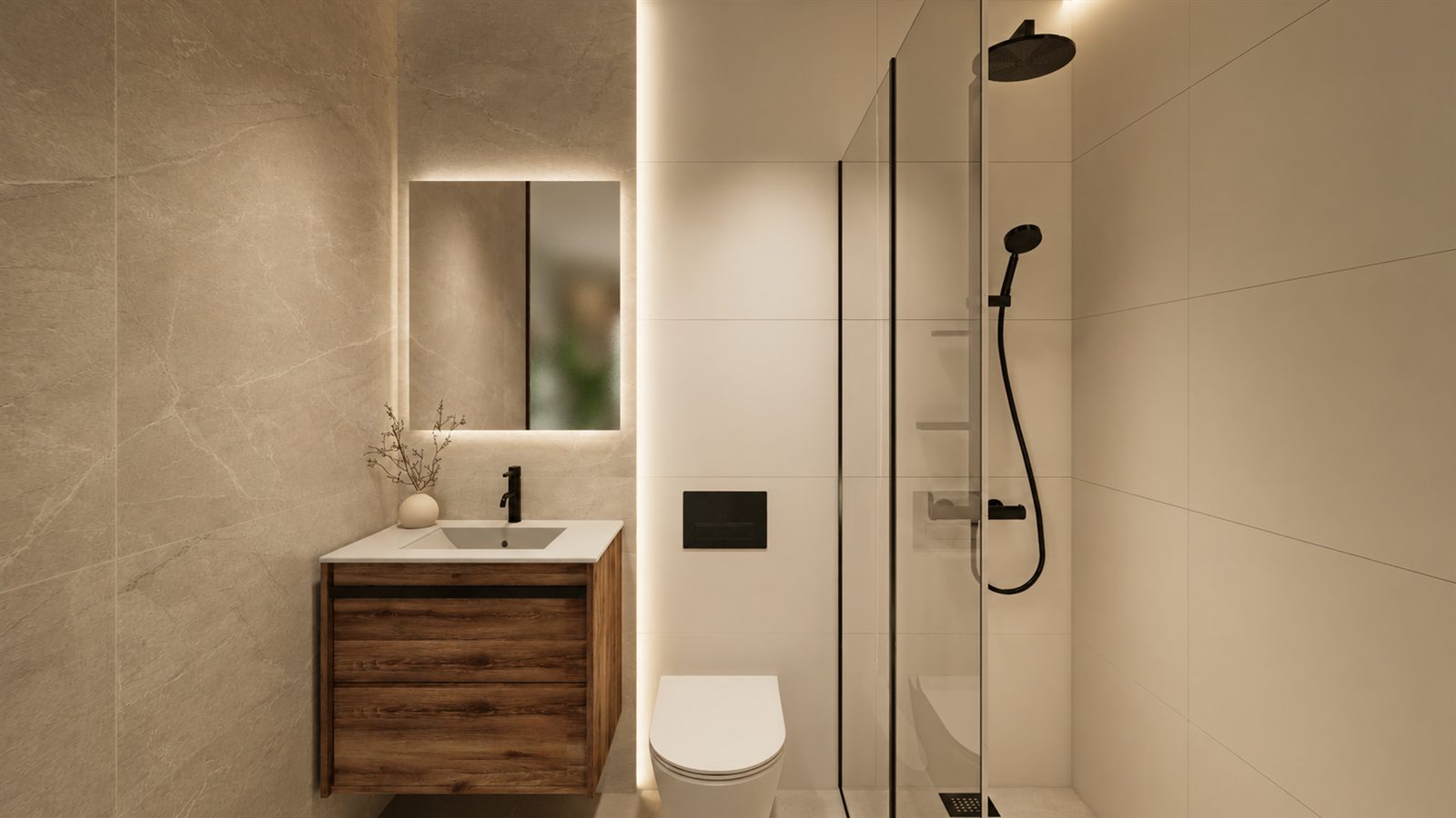 Modernes Bad mit Walk-in-Dusche und Holz-Waschtisch