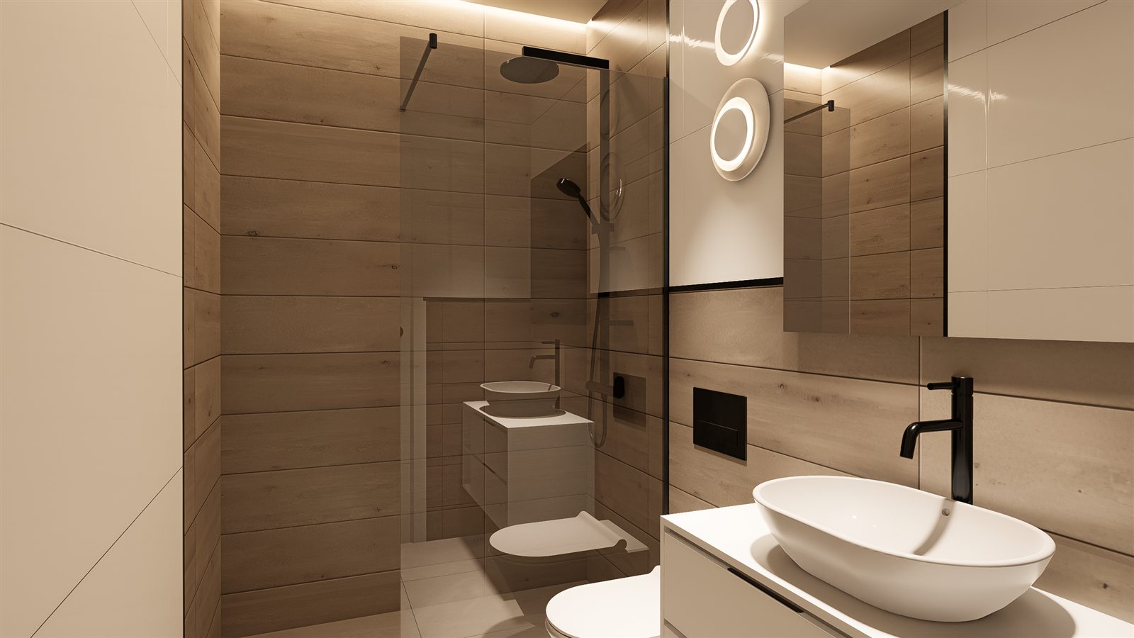 Badezimmer mit bodengleicher Dusche und Aufsatzwaschbecken