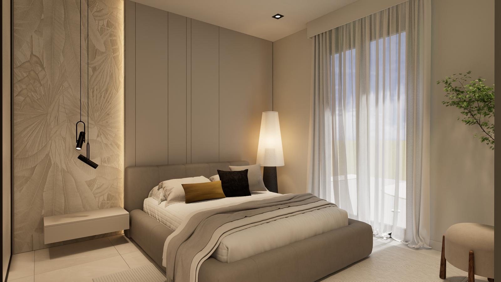 Schlafzimmer mit Doppelbett und Holz-Akzentwand