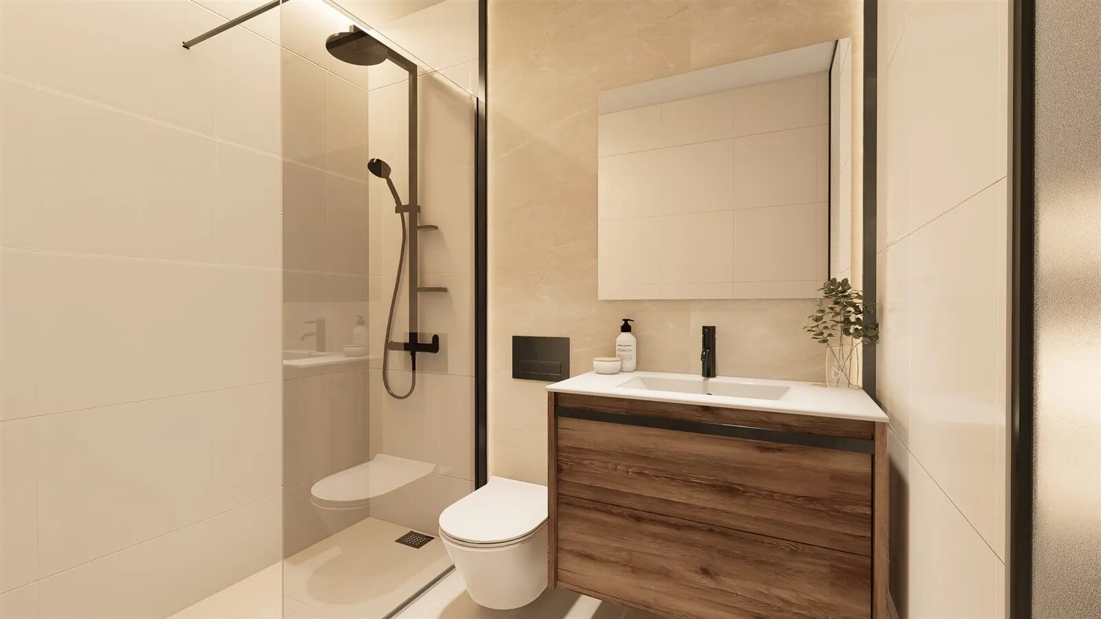 Badezimmer mit Holz-Waschtisch und ebenerdiger Dusche