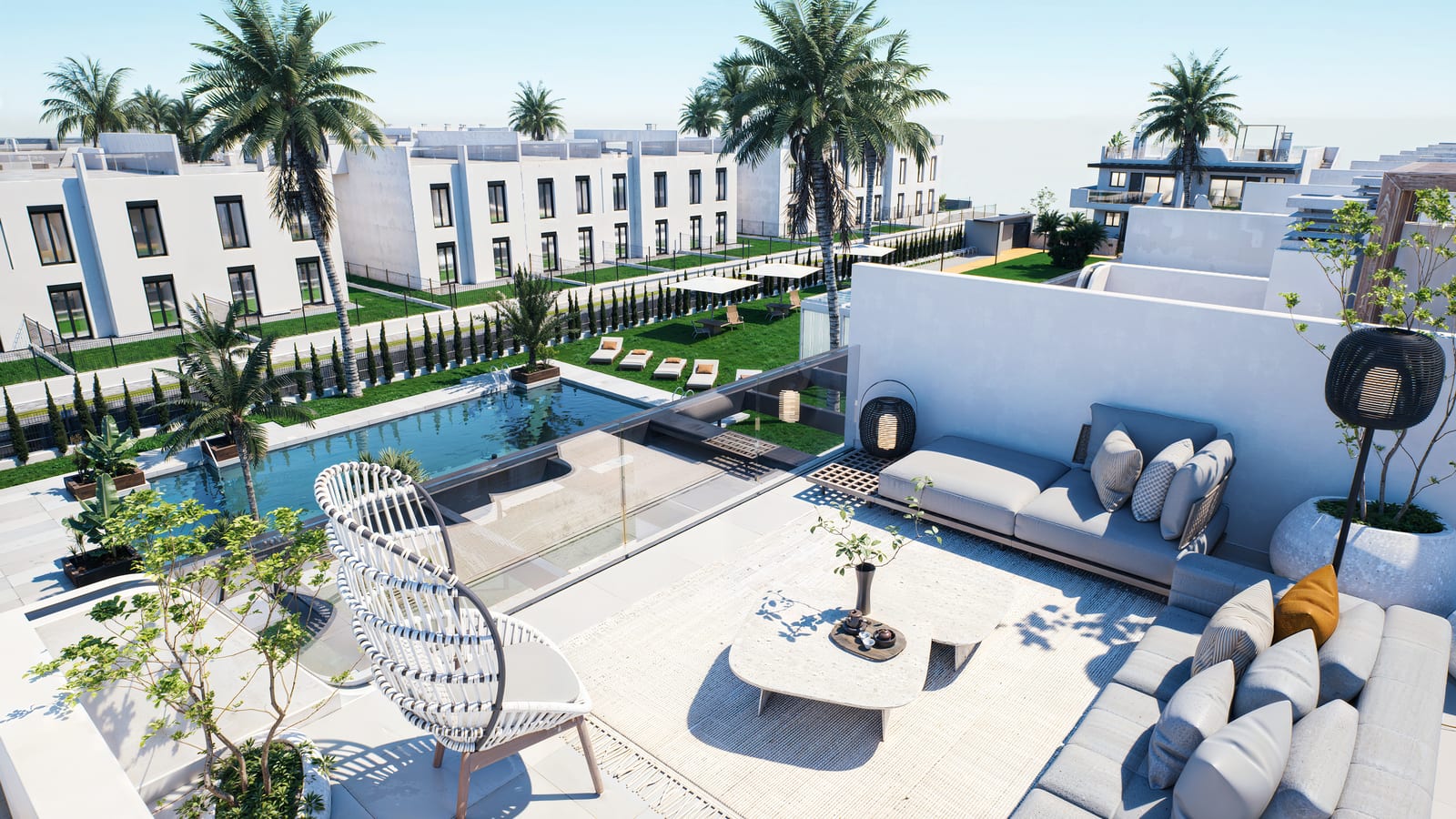 Private Dachterrasse mit Lounge-Möbeln, Blick über Pool und Wohnanlage