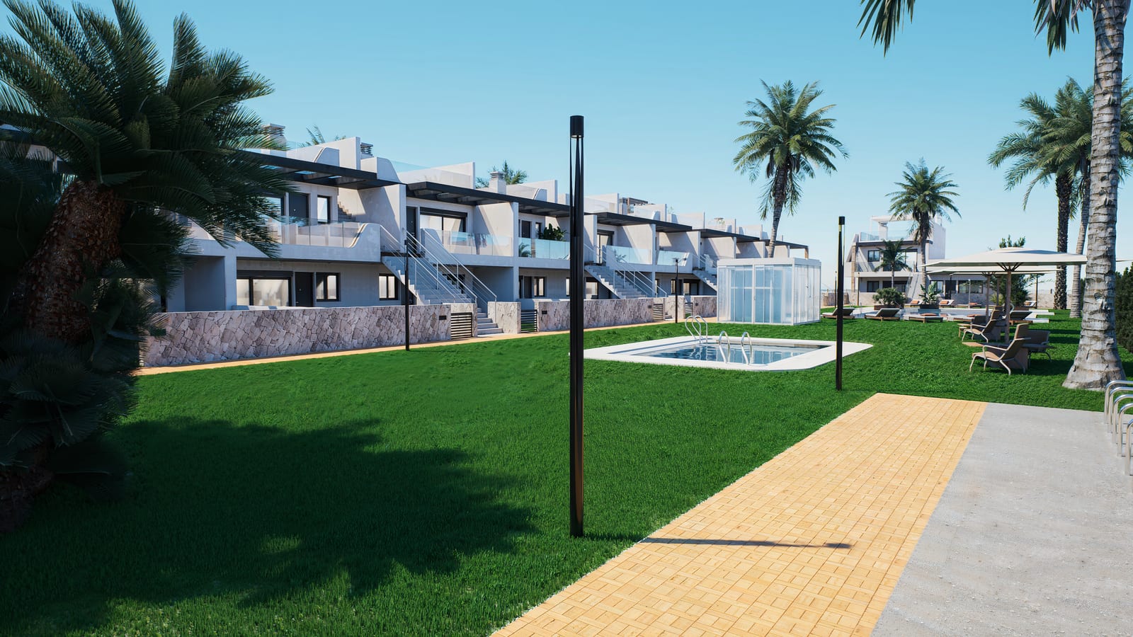 Wohngebäude von Thiar Village V mit Terrassen, Gartenanlage und Pool